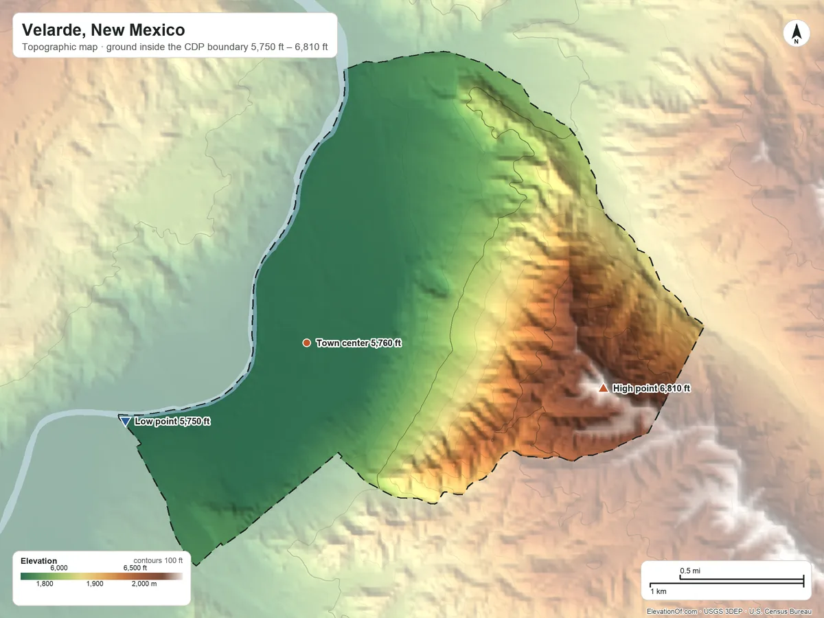 Topographic elevation map of Velarde, New Mexico, shaded from 5,750 ft on the southwest side to 6,810 ft on the east side