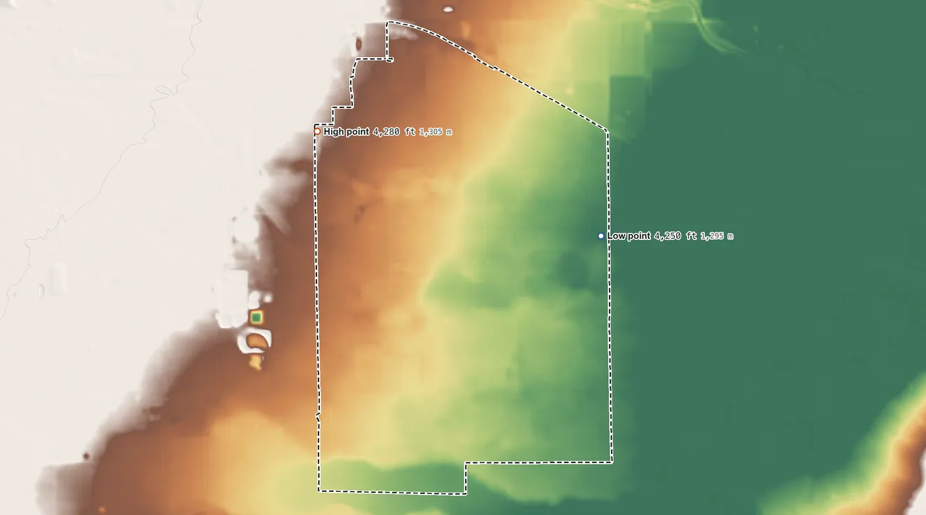 Topographic elevation map of Ventura, New Mexico, shaded from 4,250 ft on the east side to 4,280 ft on the northwest side