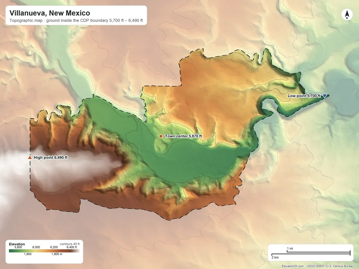 Topographic elevation map of Villanueva, New Mexico, shaded from 5,700 ft on the east side to 6,490 ft on the west side