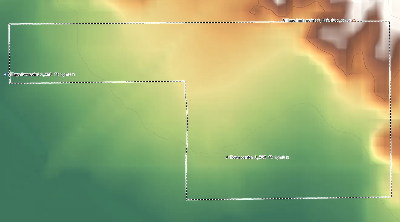 Topographic elevation map of Virden, New Mexico, shaded from 3,740 ft on the west side to 3,830 ft on the northeast side