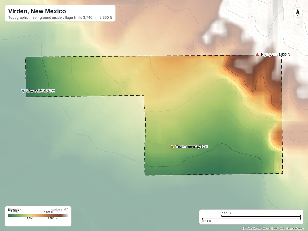 Topographic elevation map of Virden, New Mexico, shaded from 3,740 ft on the west side to 3,830 ft on the northeast side