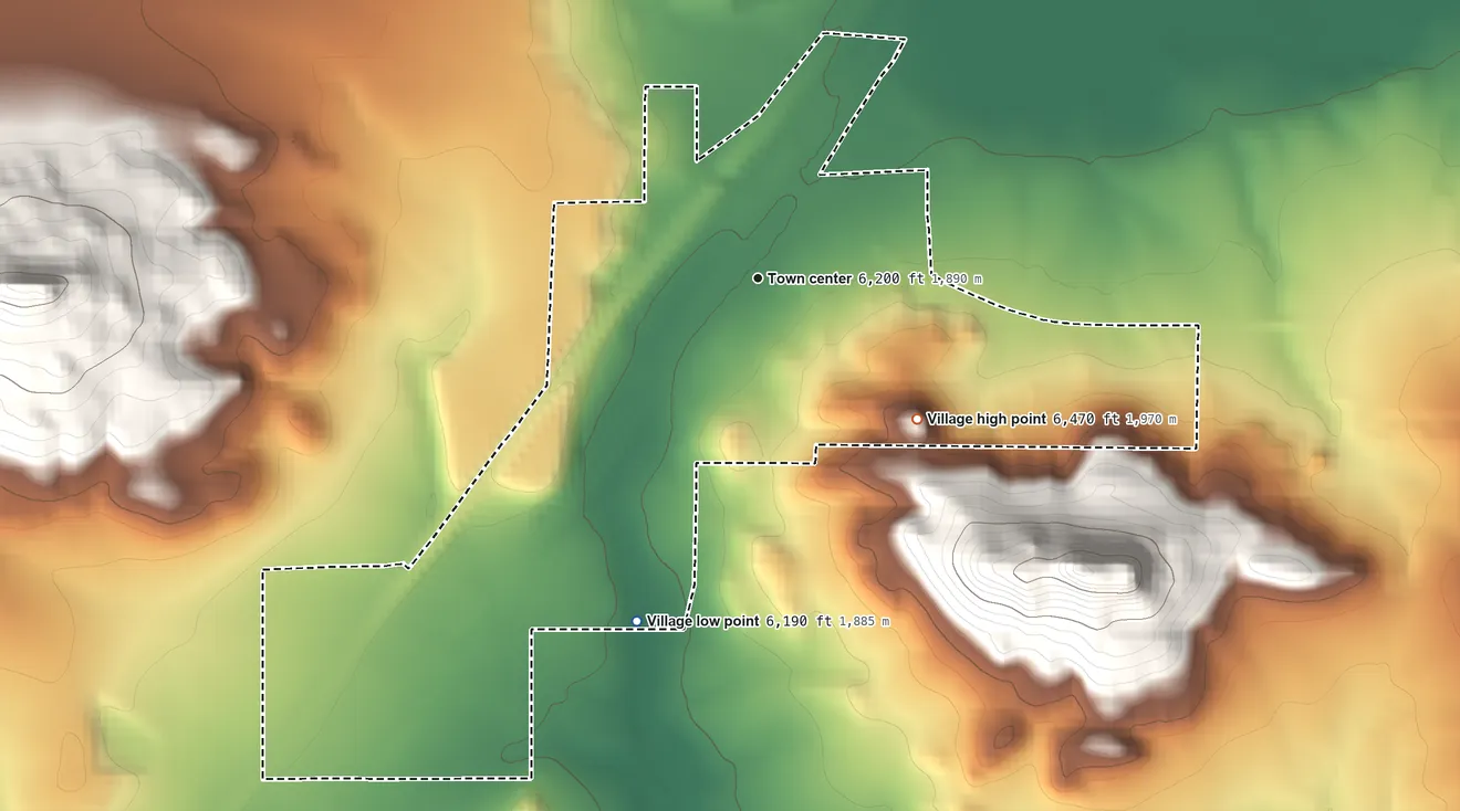 Topographic elevation map of Wagon Mound, New Mexico, shaded from 6,190 ft on the south side to 6,470 ft at the foot of the Turkey Mountains