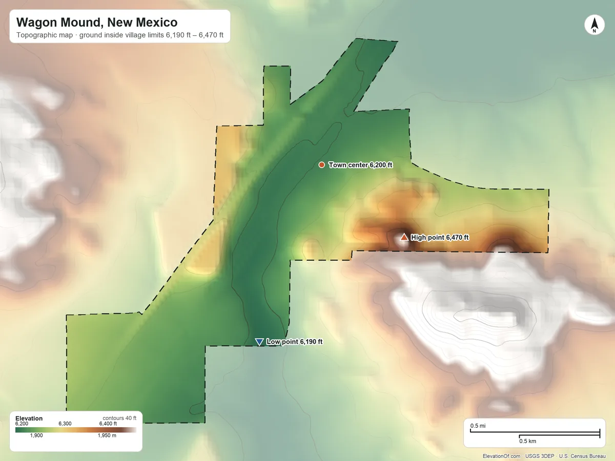 Topographic elevation map of Wagon Mound, New Mexico, shaded from 6,190 ft on the south side to 6,470 ft at the foot of the Turkey Mountains