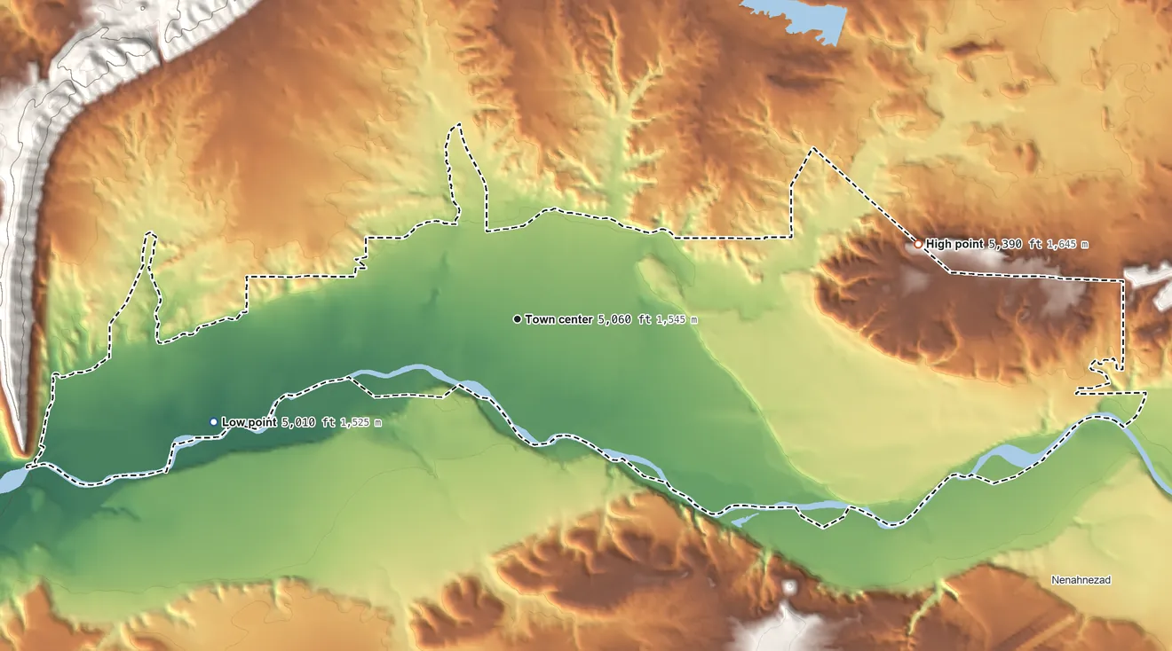 Topographic elevation map of Waterflow, New Mexico, shaded from 5,010 ft on the west side to 5,390 ft on the east side