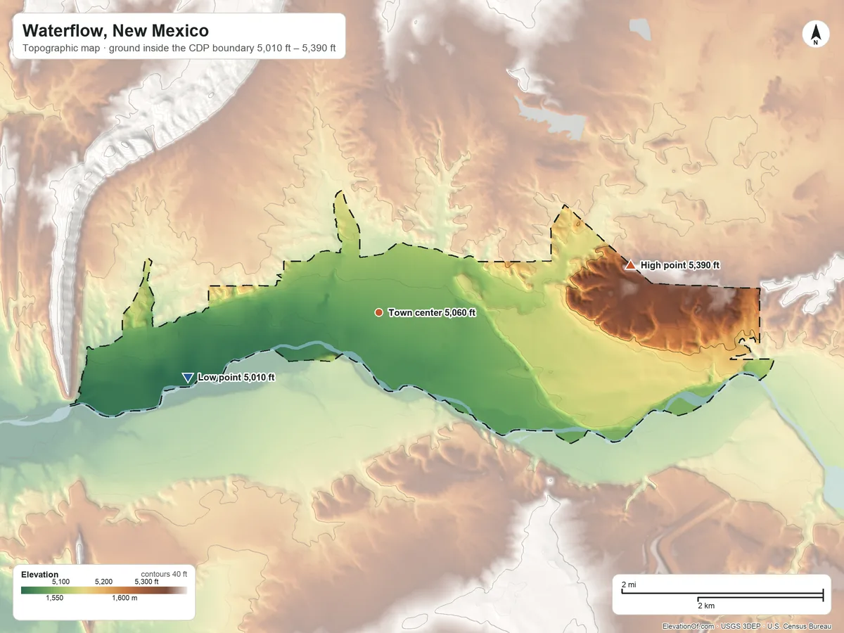 Topographic elevation map of Waterflow, New Mexico, shaded from 5,010 ft on the west side to 5,390 ft on the east side
