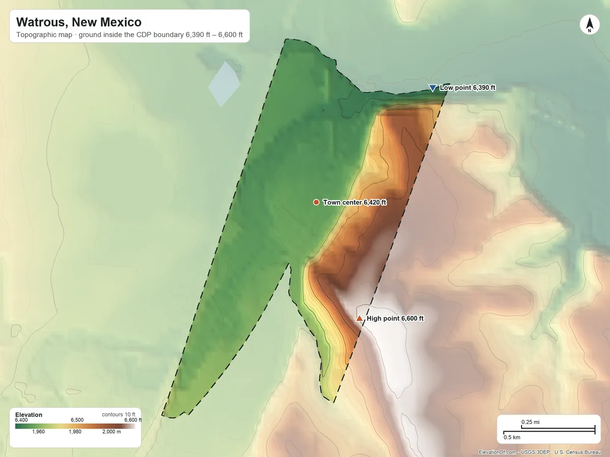 Topographic elevation map of Watrous, New Mexico, shaded from 6,390 ft on the northeast side to 6,600 ft on the south side