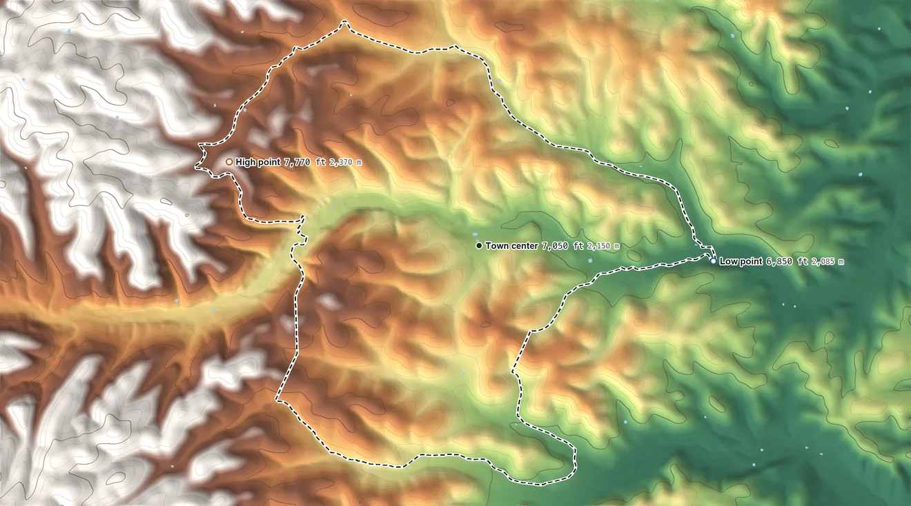 Topographic elevation map of Weed, New Mexico, shaded from 6,850 ft on the east side to 7,770 ft on the west edge, below higher ground just outside