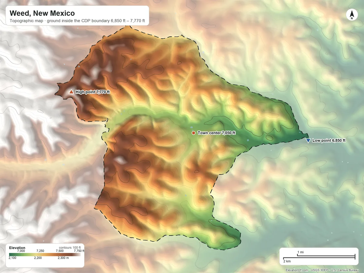 Topographic elevation map of Weed, New Mexico, shaded from 6,850 ft on the east side to 7,770 ft on the west edge, below higher ground just outside