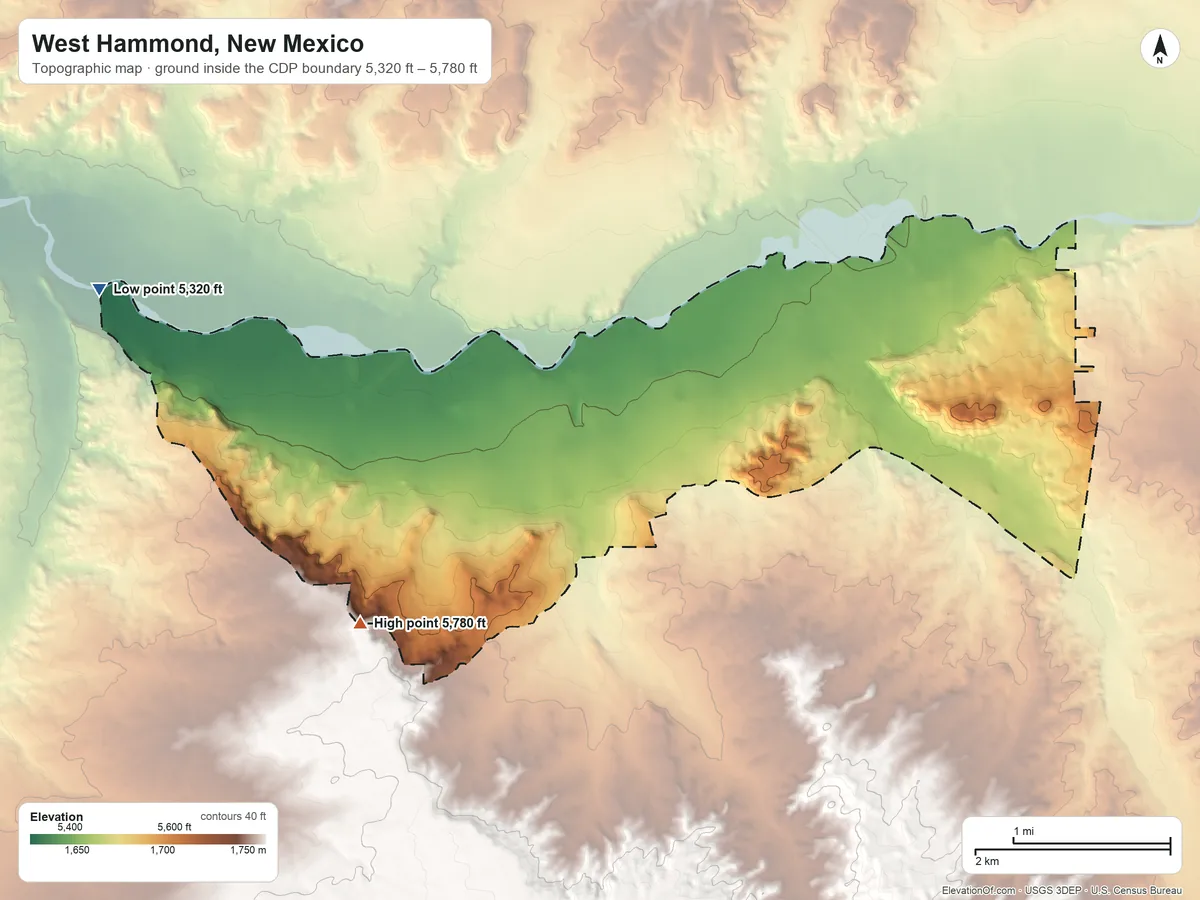 Topographic elevation map of West Hammond, New Mexico, shaded from 5,320 ft on the west side to 5,780 ft on the southwest side
