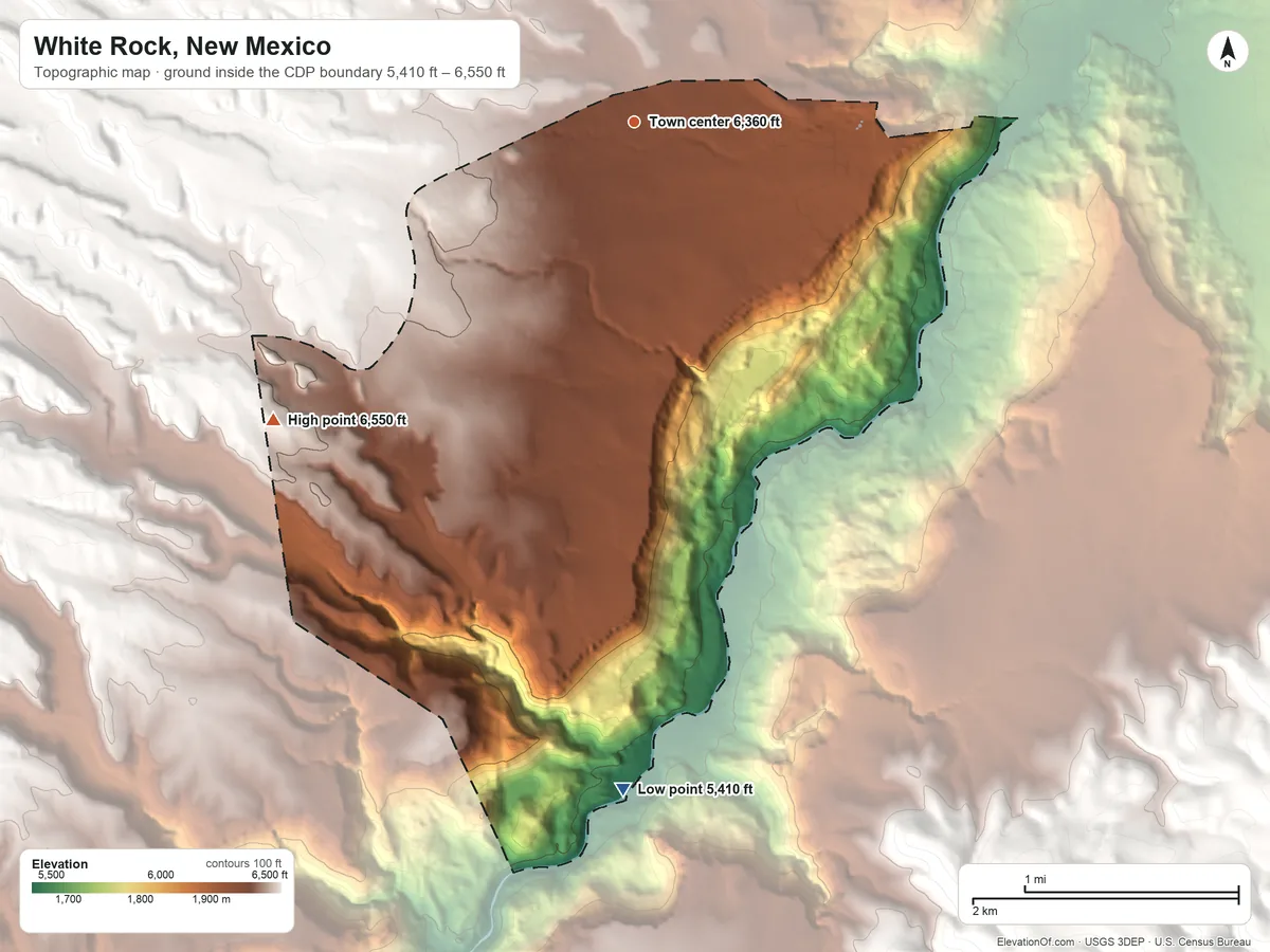 Topographic elevation map of White Rock, New Mexico, shaded from 5,410 ft on the south side to 6,550 ft on the southwest side
