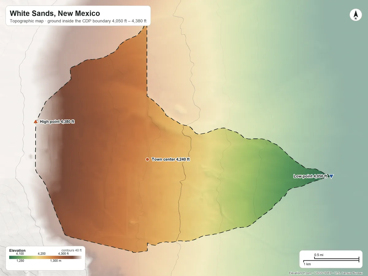 Topographic elevation map of White Sands, New Mexico, shaded from 4,050 ft on the east side to 4,380 ft at the foot of the San Augustin Mountains
