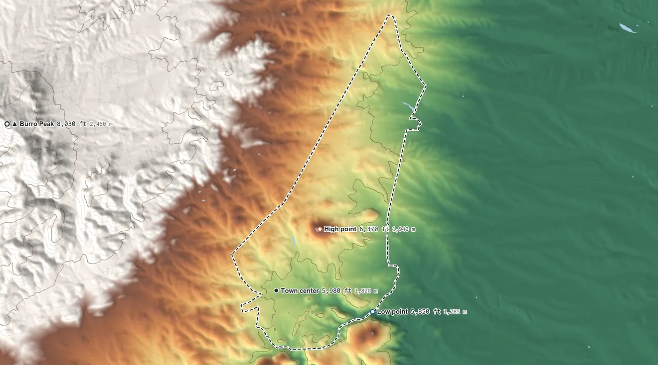 Topographic elevation map of White Signal, New Mexico, shaded from 5,850 ft on the east side to 6,370 ft on Tulloch Peak