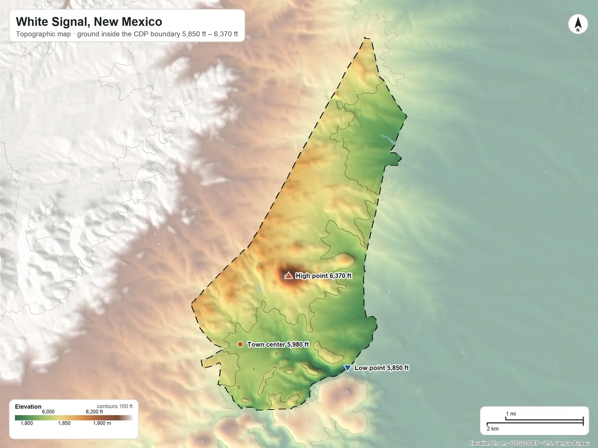 Topographic elevation map of White Signal, New Mexico, shaded from 5,850 ft on the east side to 6,370 ft on Tulloch Peak
