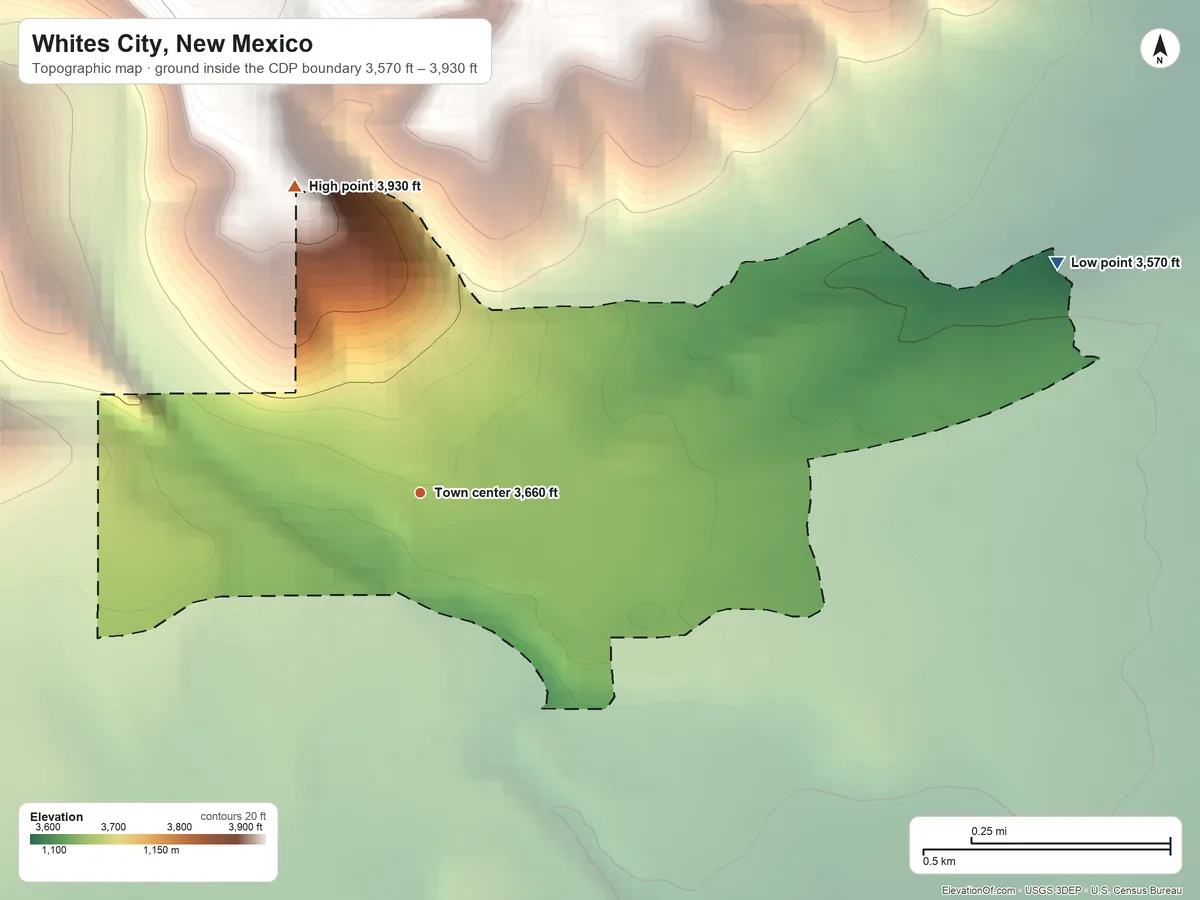Topographic elevation map of Whites City, New Mexico, shaded from 3,570 ft on the east side to 3,930 ft at the foot of the Frontier Hills