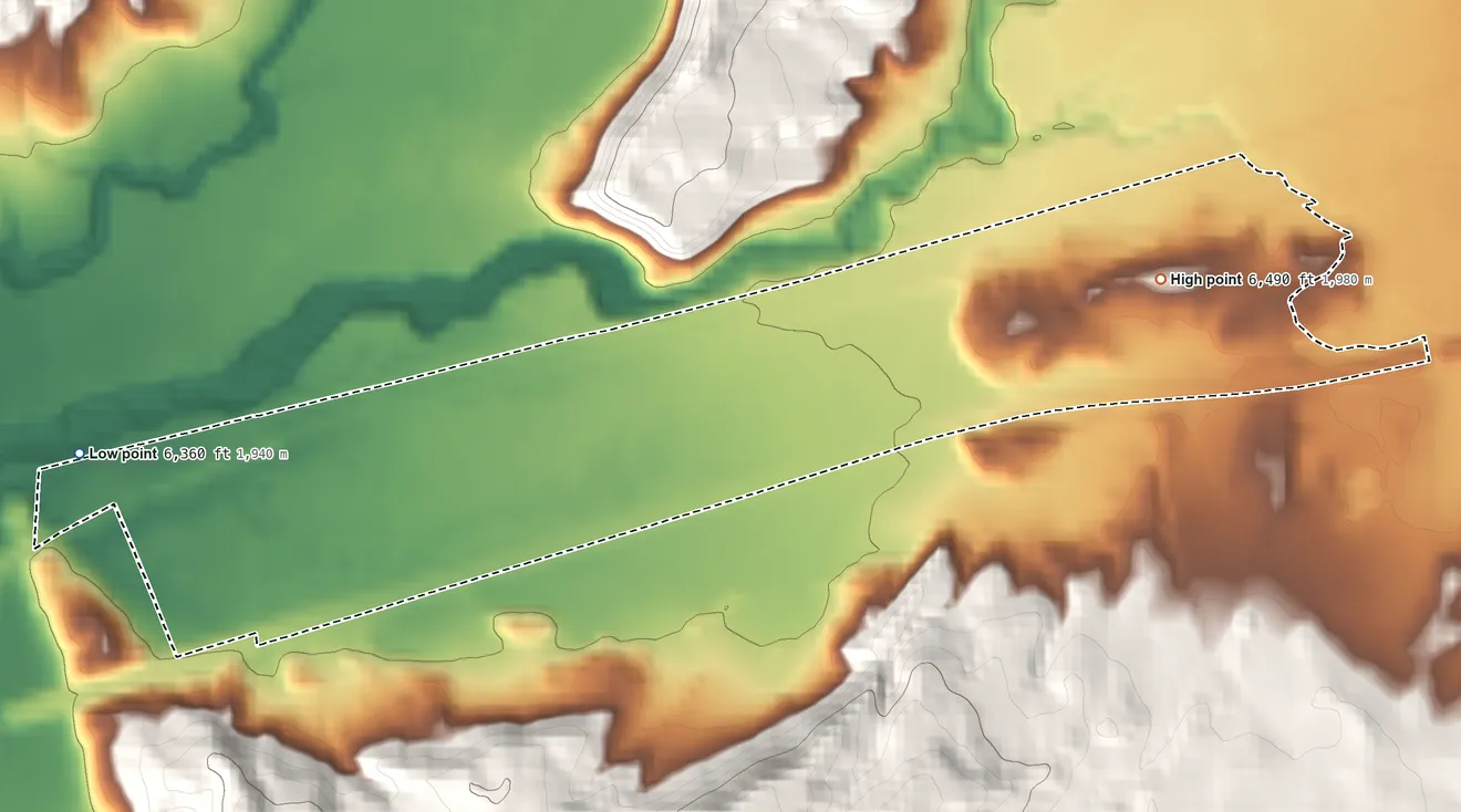 Topographic elevation map of Williams Acres, New Mexico, shaded from 6,360 ft on the west side to 6,490 ft on the east edge, below higher ground just outside