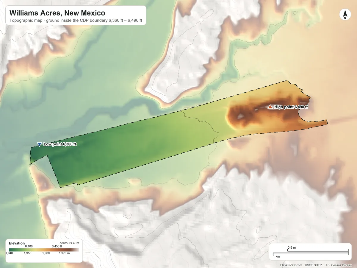 Topographic elevation map of Williams Acres, New Mexico, shaded from 6,360 ft on the west side to 6,490 ft on the east edge, below higher ground just outside
