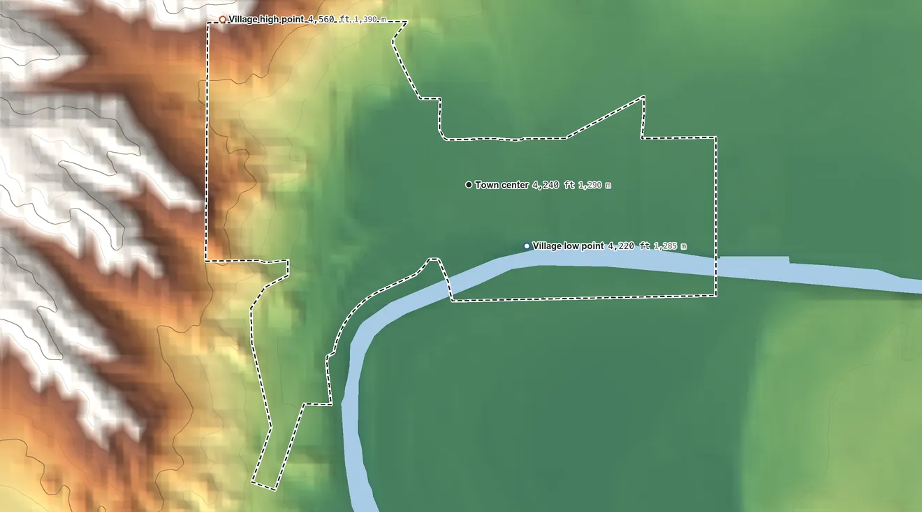 Topographic elevation map of Williamsburg, New Mexico, shaded from 4,220 ft on the southeast side to 4,560 ft at the foot of the Mud Springs Mountains
