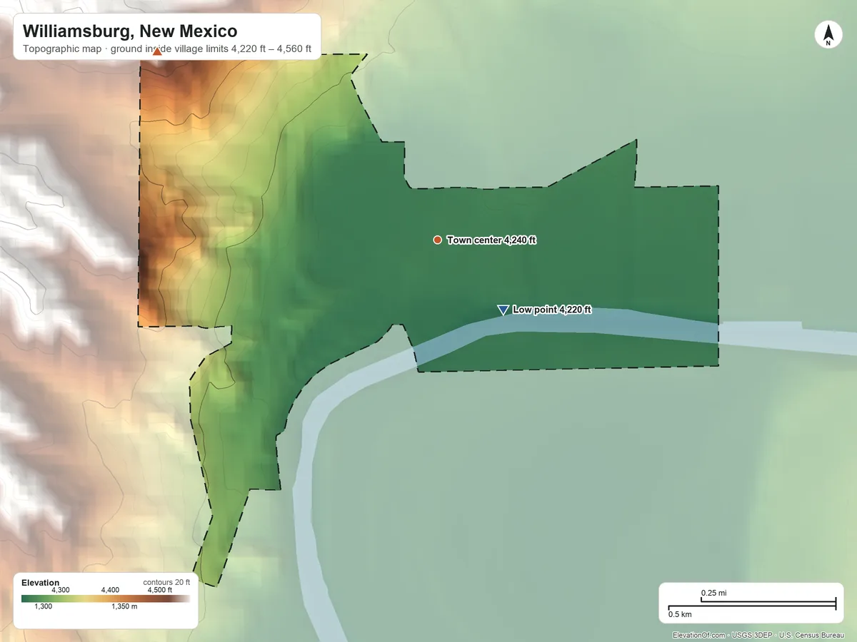 Topographic elevation map of Williamsburg, New Mexico, shaded from 4,220 ft on the southeast side to 4,560 ft at the foot of the Mud Springs Mountains