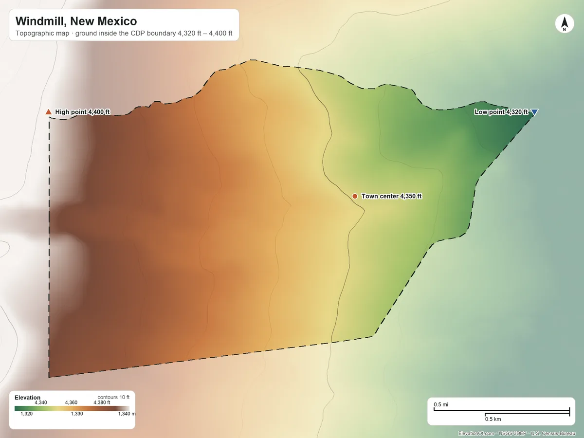 Topographic elevation map of Windmill, New Mexico, shaded from 4,320 ft on the northeast side to 4,400 ft on the west side