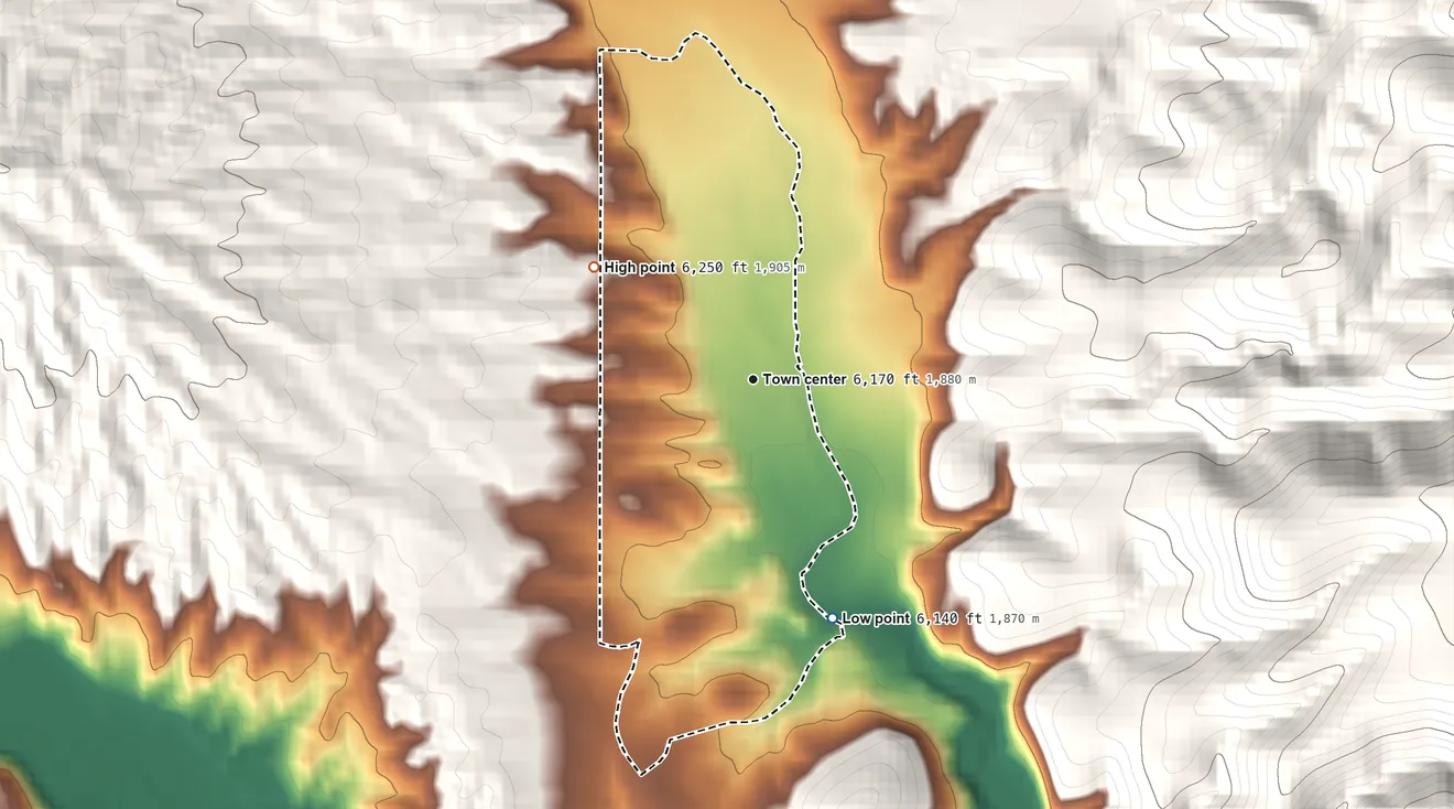 Topographic elevation map of Winston, New Mexico, shaded from 6,140 ft on the south side to 6,250 ft at the foot of the Sierra Cuchillo