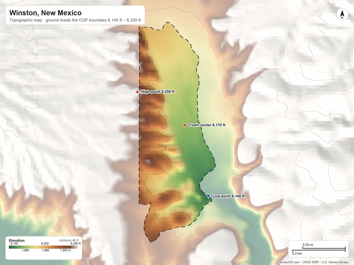 Topographic elevation map of Winston, New Mexico, shaded from 6,140 ft on the south side to 6,250 ft at the foot of the Sierra Cuchillo