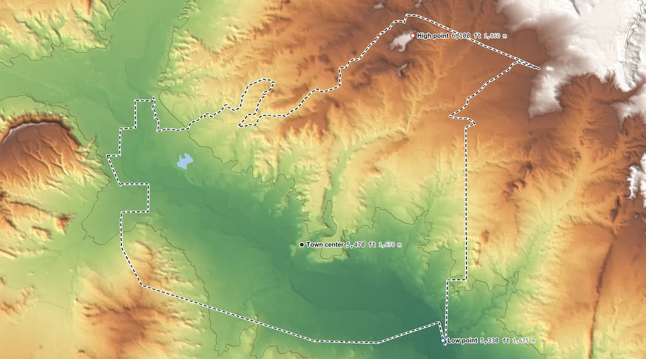 Topographic elevation map of Zia Pueblo, New Mexico, shaded from 5,330 ft on the southeast side to 6,100 ft on the northeast side