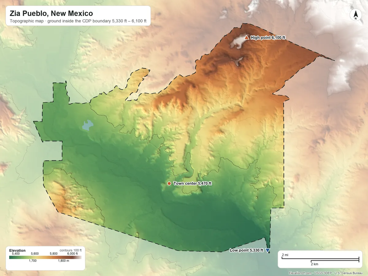 Topographic elevation map of Zia Pueblo, New Mexico, shaded from 5,330 ft on the southeast side to 6,100 ft on the northeast side