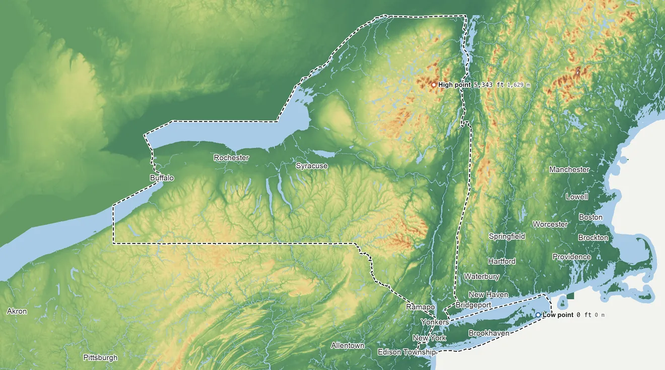 Topographic elevation map of New York, shaded from sea level on the Atlantic Ocean to 5,343 ft on Mount Marcy