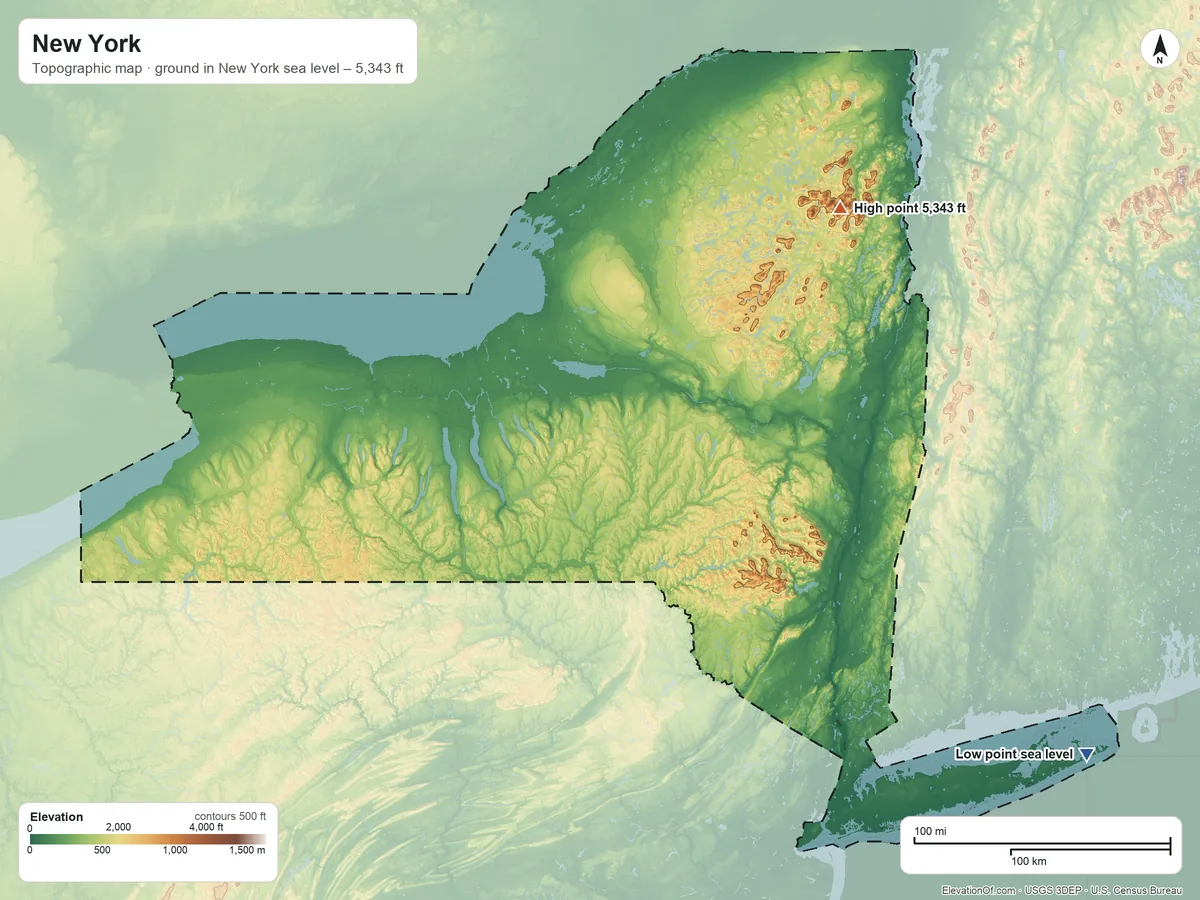 Topographic elevation map of New York, shaded from sea level on the Atlantic Ocean to 5,343 ft on Mount Marcy