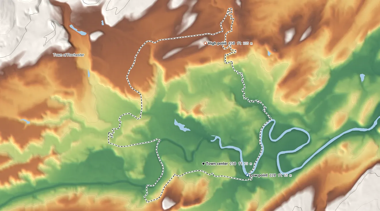 Topographic elevation map of Accord, New York, shaded from 220 ft on the east side to 450 ft at the foot of the Shawangunk Mountains