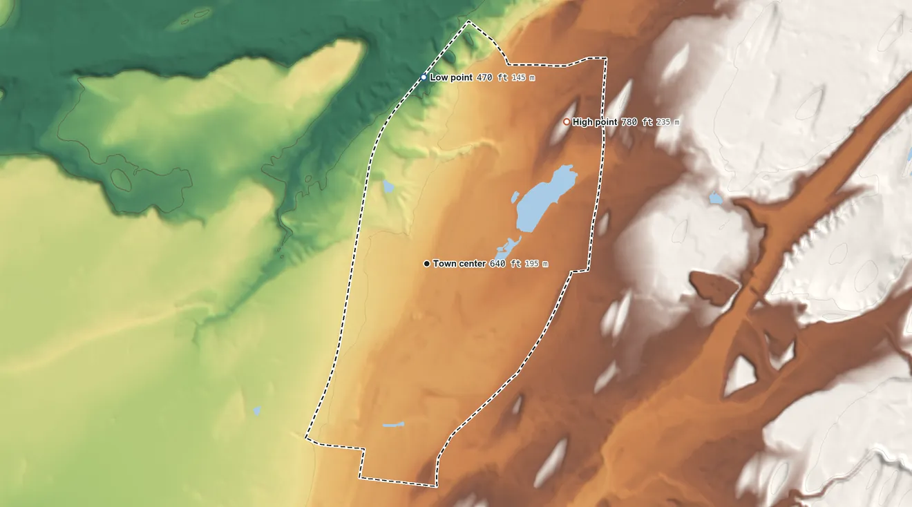 Topographic elevation map of Adams Center, New York, shaded from 470 ft on the north side to 780 ft on the northeast side