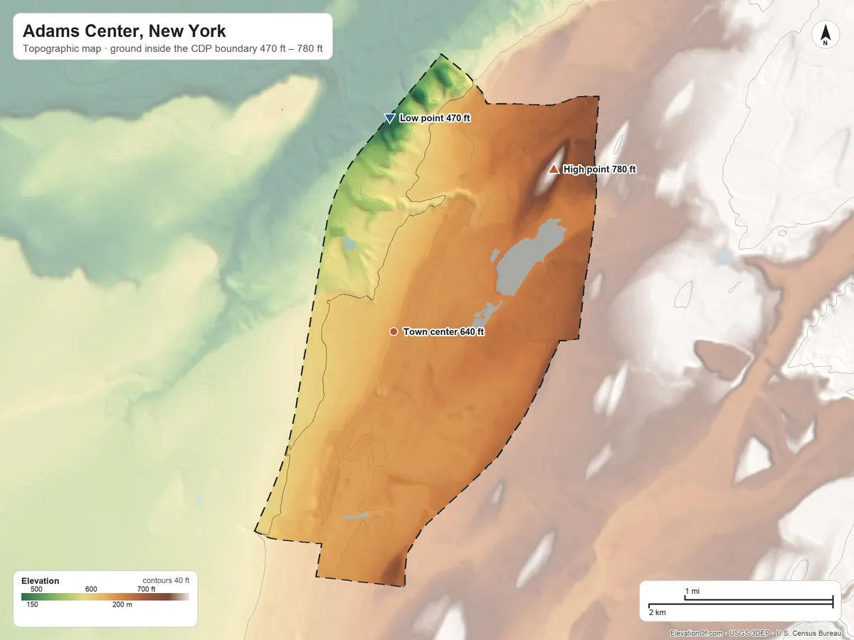 Topographic elevation map of Adams Center, New York, shaded from 470 ft on the north side to 780 ft on the northeast side