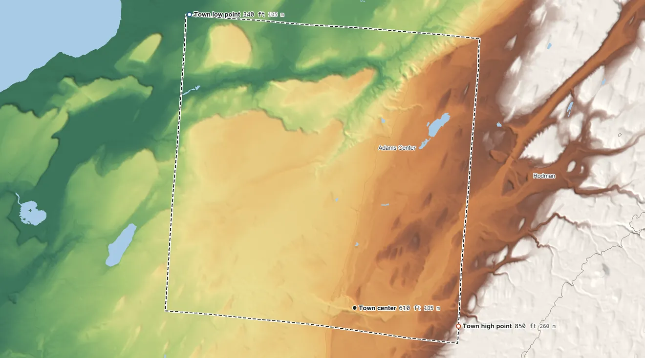Topographic elevation map of Adams, New York, shaded from 340 ft on the northwest side to 850 ft on the east side