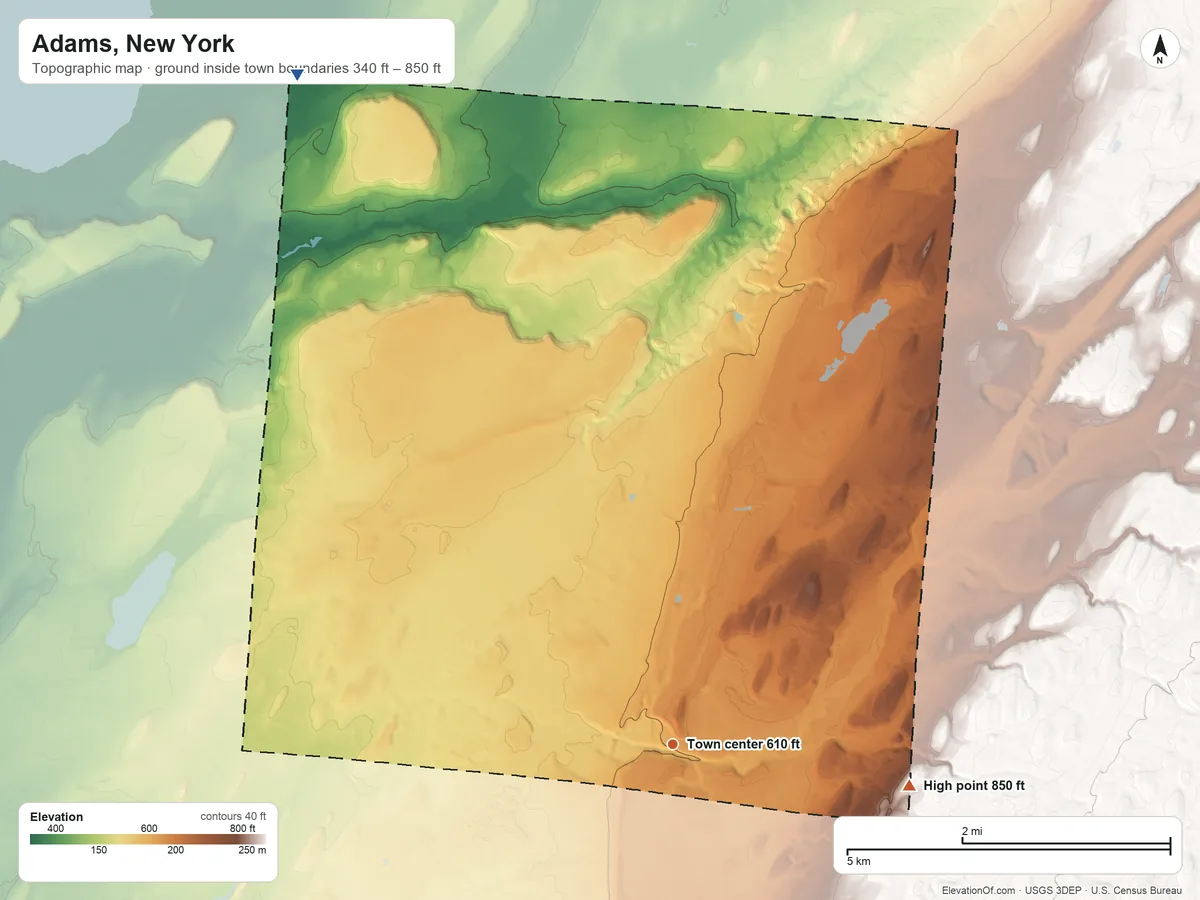 Topographic elevation map of Adams, New York, shaded from 340 ft on the northwest side to 850 ft on the east side