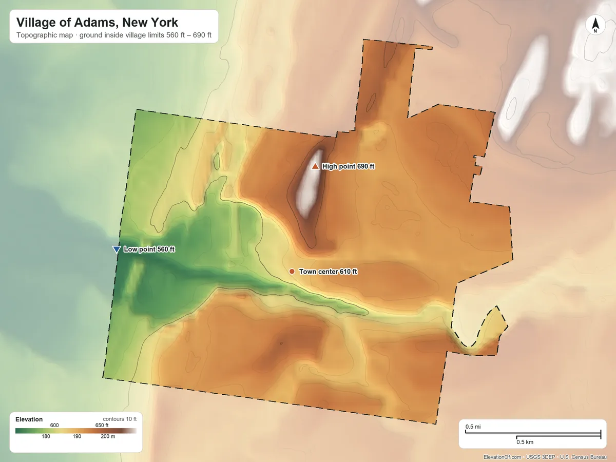 Topographic elevation map of Village of Adams, New York, shaded from 560 ft on the west side to 690 ft on the north side