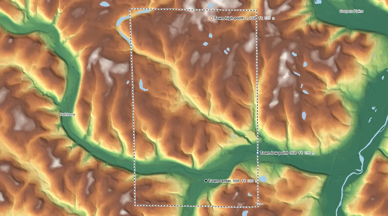 Topographic elevation map of Addison, New York, shaded from 960 ft on the northeast side to 1,760 ft on the north side