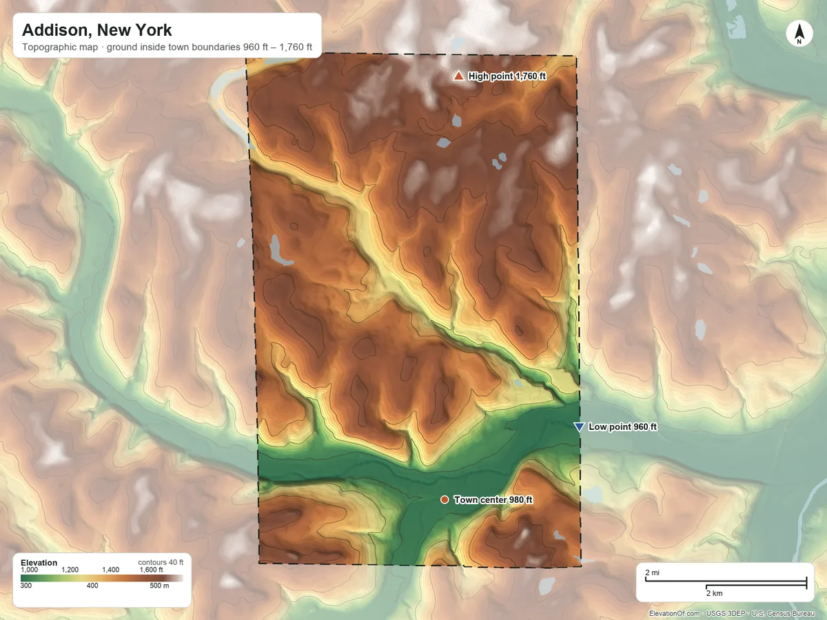 Topographic elevation map of Addison, New York, shaded from 960 ft on the northeast side to 1,760 ft on the north side