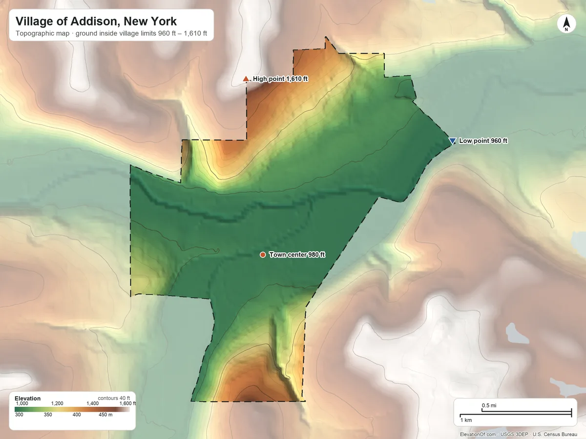 Topographic elevation map of Village of Addison, New York, shaded from 960 ft on the northeast side to 1,610 ft on the north side