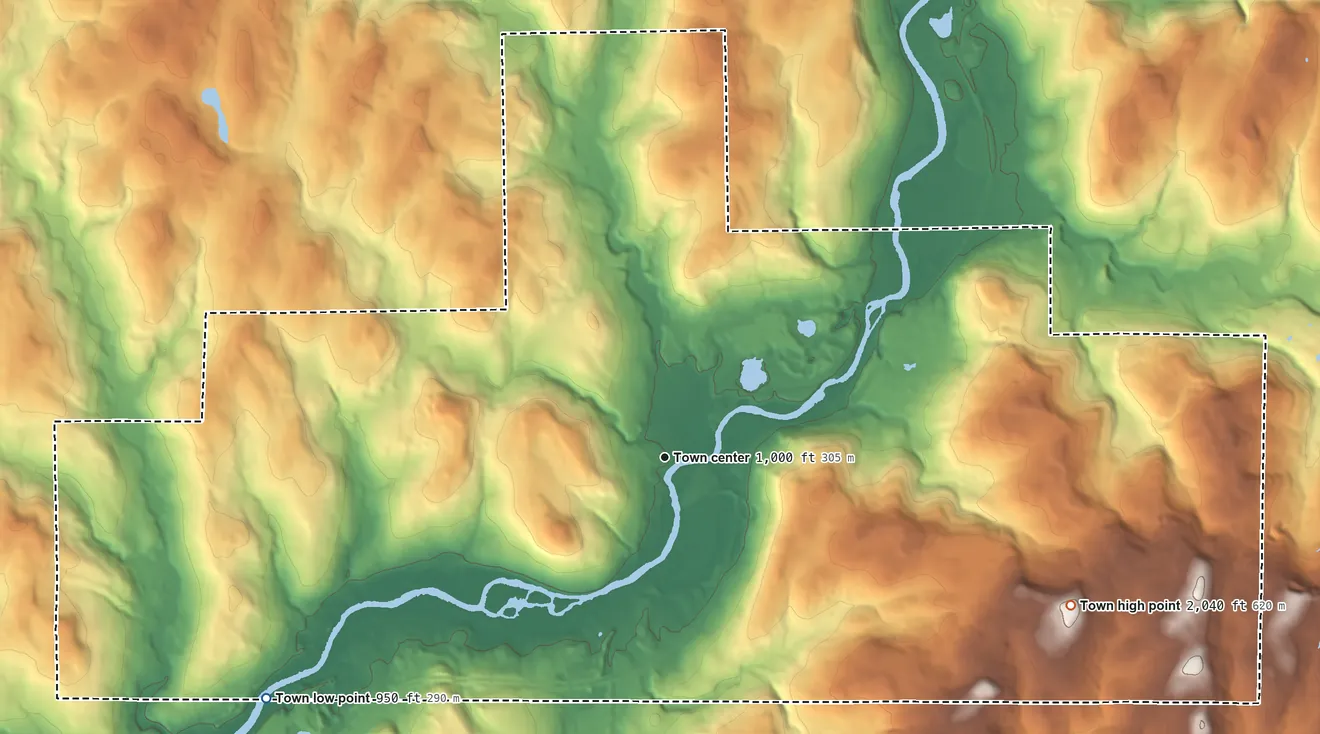 Topographic elevation map of Afton, New York, shaded from 950 ft on the southwest side to 2,040 ft on the east side