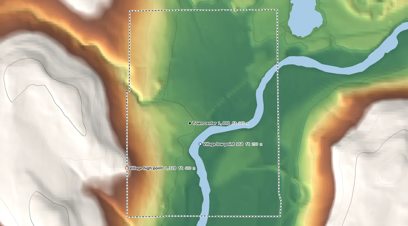 Topographic elevation map of Village of Afton, New York, shaded from 960 ft near the middle to 1,320 ft on the southwest side