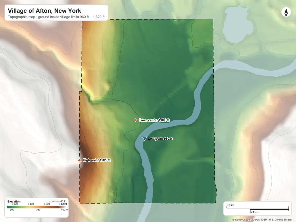 Topographic elevation map of Village of Afton, New York, shaded from 960 ft near the middle to 1,320 ft on the southwest side