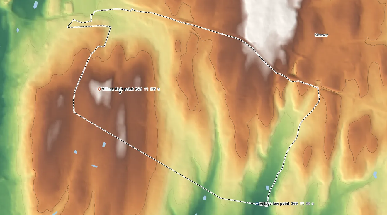 Topographic elevation map of Airmont, New York, shaded from 300 ft on the southeast side to 640 ft near the middle