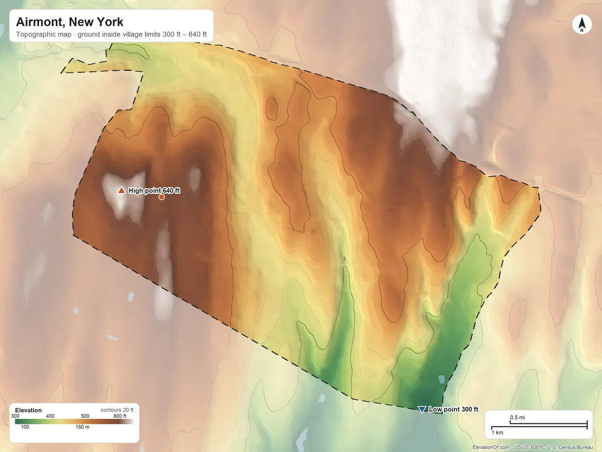 Topographic elevation map of Airmont, New York, shaded from 300 ft on the southeast side to 640 ft near the middle