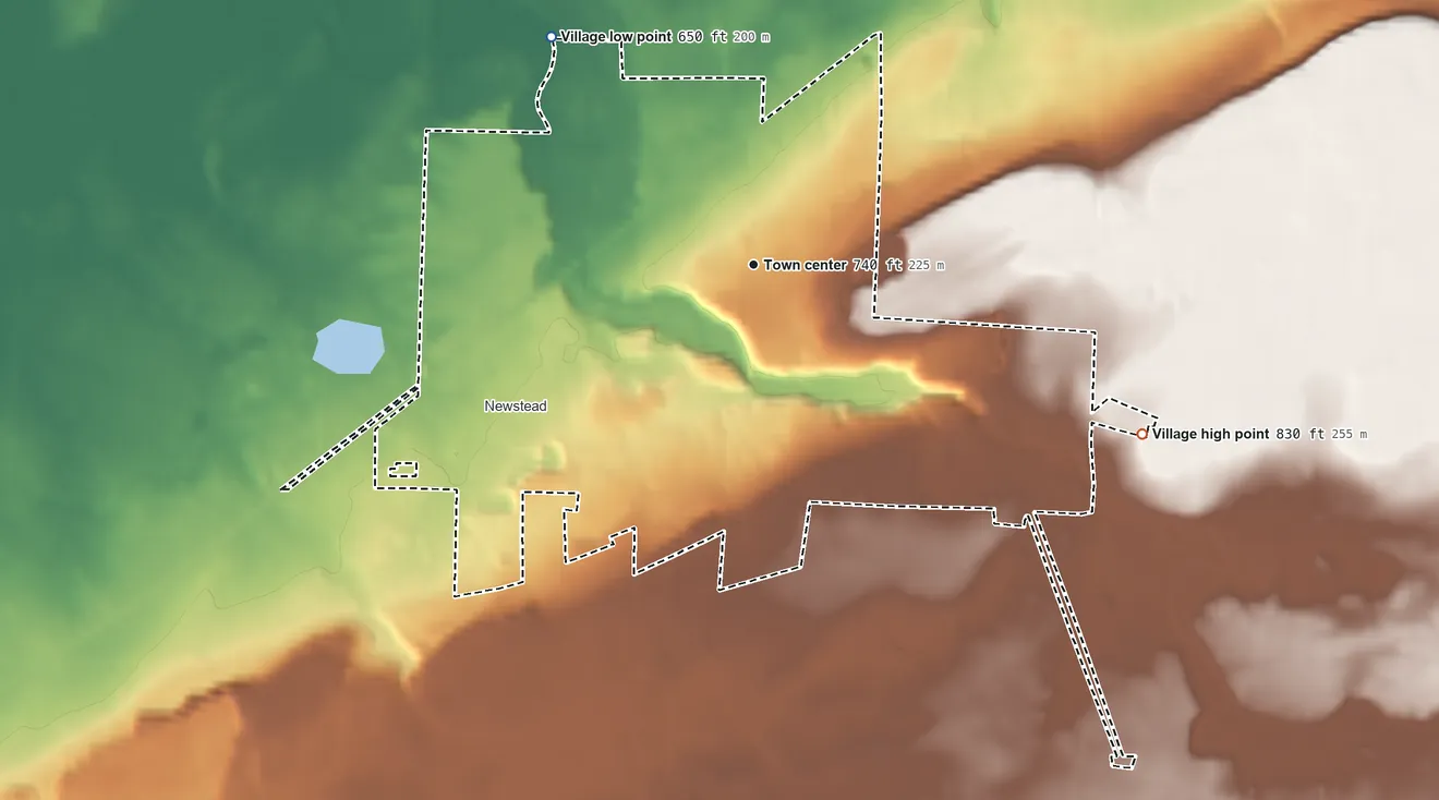 Topographic elevation map of Akron, New York, shaded from 650 ft on the northwest side to 830 ft on the southeast side