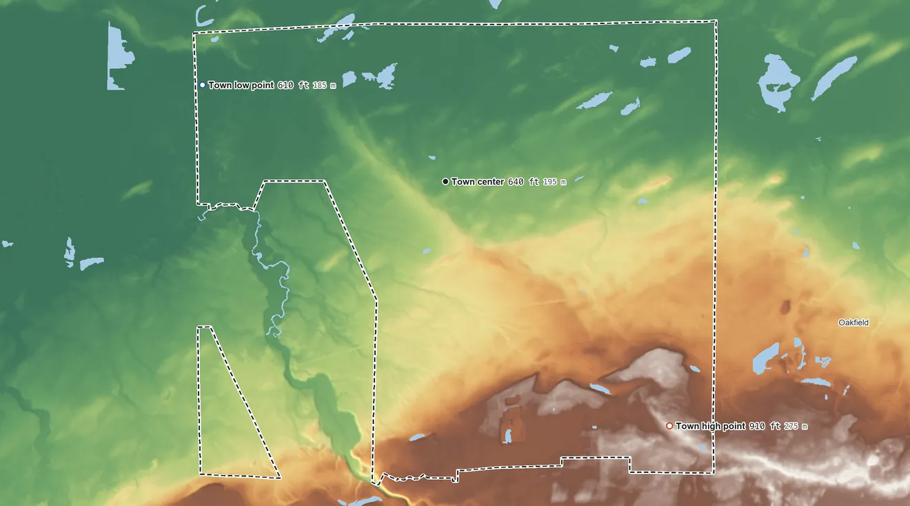 Topographic elevation map of Alabama, New York, shaded from 610 ft on the west side to 910 ft on the southeast side