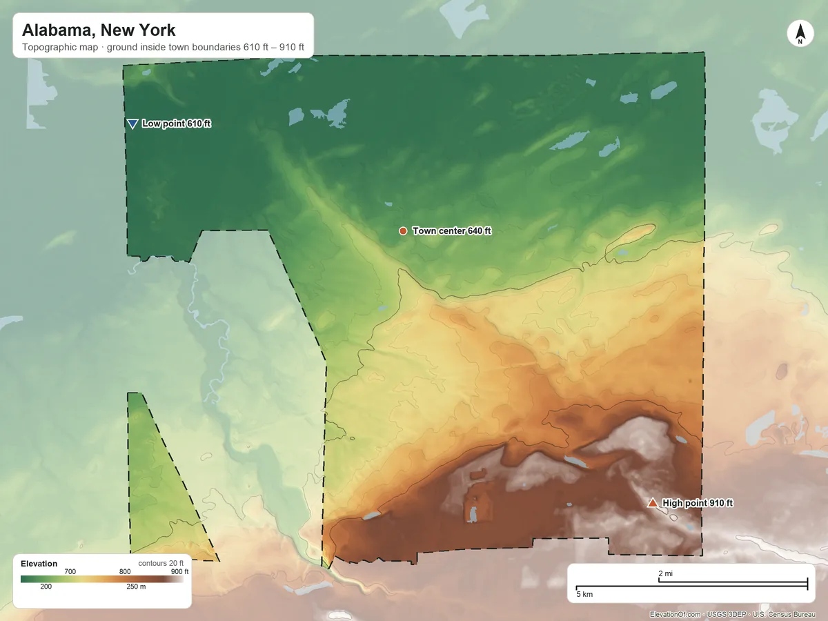 Topographic elevation map of Alabama, New York, shaded from 610 ft on the west side to 910 ft on the southeast side