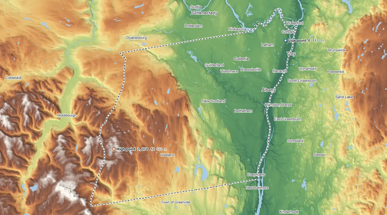Topographic elevation map of Albany County, New York, shaded from 0 ft on the northeast side to 2,170 ft on the southwest side