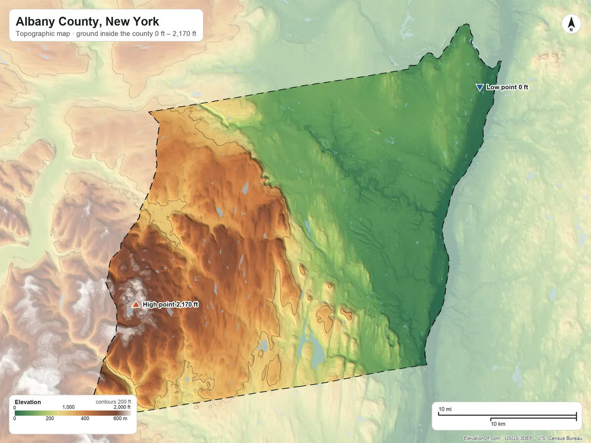 Topographic elevation map of Albany County, New York, shaded from 0 ft on the northeast side to 2,170 ft on the southwest side