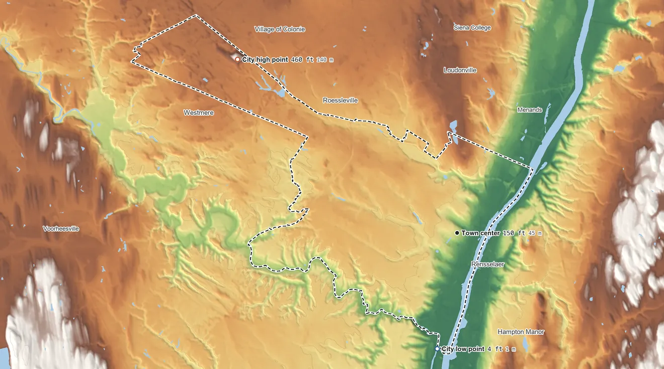 Topographic elevation map of Albany, New York, shaded from 4 ft on the south side to 460 ft on the northwest side