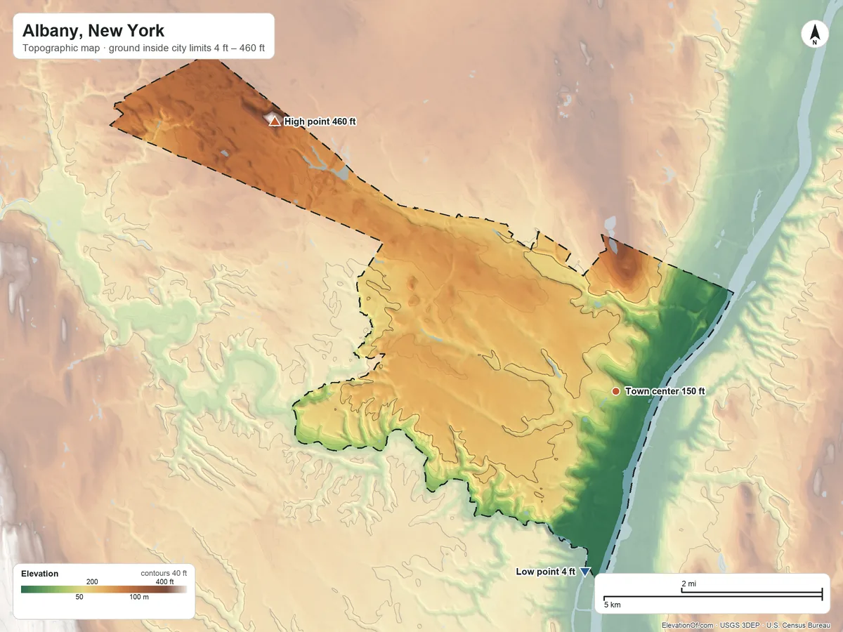 Topographic elevation map of Albany, New York, shaded from 4 ft on the south side to 460 ft on the northwest side